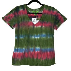 Sandrine Rose Tie Dye Ribbed V-Neck T-Shirt Pink Green Blue Women Small NWT
